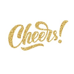 Cheers hand lettering, custom typography, brush calligraphy with golden glitter texture, isolated on white background. Vector type illustration.