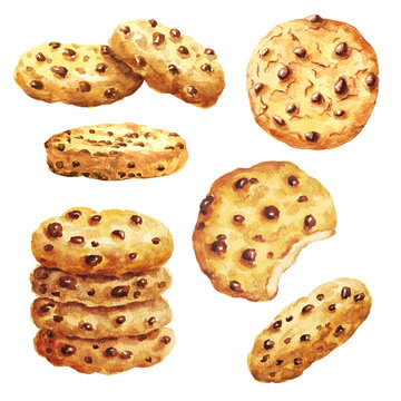 Hand drawn watercolor delicious cookies set, with chocolate drops, isolated on white background. Food illustration.