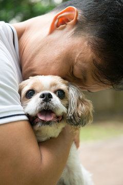 Asian Young Man With His Pet Shih Tzu Puppy Dog Outdoor