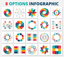 Fototapeta premium Set of vector infographic design layouts with 8 options, parts or step. Minimal, flat and realistic diagrams. Business presentation.