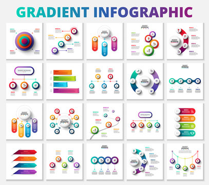 Set of vector gradient infographic design layouts with 3, 4, 5, 6, 7 and 8 options, parts or step. Illustration for project steps visualization. Modern design elements. Business presentation.