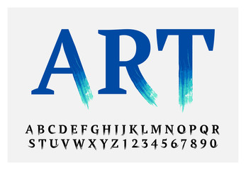 Vector stylized font made of classic letters and brush strokes. Latin alphabet from A to Z and numbers from 0 to 9. Beautiful realistic oil style.