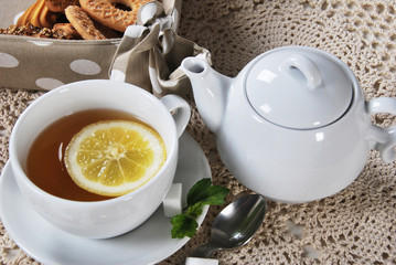 Delicious light breakfast  with light tea with cookies