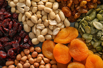 Various nuts with dried fruits, closeup