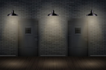 Prison interior with Metal Prison Jail cell doors and pedant lamps. Vintage jail and prison cell. Concept design for quest rooms and escape games. Vector Illustration. - obrazy, fototapety, plakaty