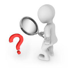 3d man with magnifying glass looks at red question symbol.