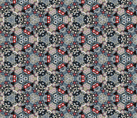 Kaleidoscope abstract seamless pattern, background. Composed of multicolored geometric shapes. Useful as design element for texture and artistic compositions.