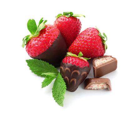 Delicious Strawberries Covered With Chocolate On White Background