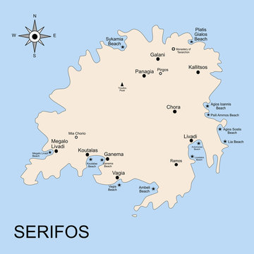 The geography map of Serifos island, in the archipelago of the Cyclades islands. There is indicated the position of towns and beaches.