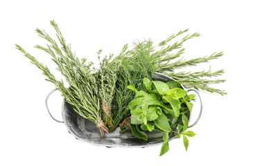 Basket with fresh herbs on white background