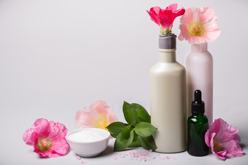 Natural Cosmetics set and flowers on gray background