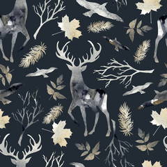 Northern forest seamless pattern with deer, birds, leaf elements. Watercolor hand drawn