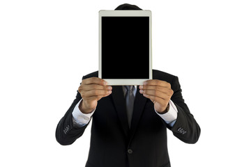 Businessman holding a tablet computer - isolated over a white background