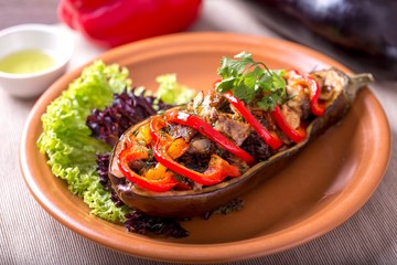 Eggplant with beef meat  and vegetables. Delicious and tasty meat with vegetables