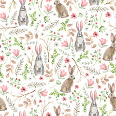 Seamless pattern with cute rabbits. Watercolor hand drawn