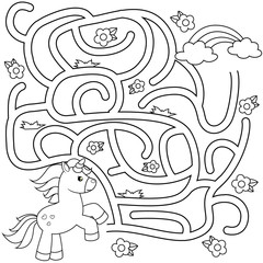 
Help unicorn find path to rainbow. Labyrinth. Maze game for kids. Black and white vector illustration for coloring book