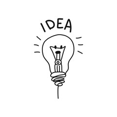 Idea. Black and white. Light bulb. Think. Hand drawing. Isolated. Icon. For your design.