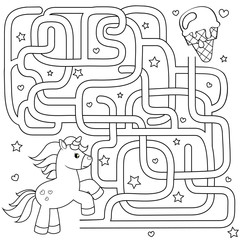 Help unicorn find path to ice cream. Labyrinth. Maze game for kids. Black and white vector illustration for coloring book 