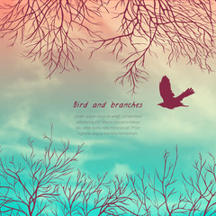 Square banner with crows and tree branches. Template for postcard, poster or advertisement