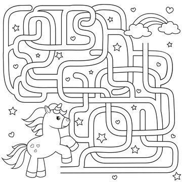 Fototapeta Help unicorn find path to rainbow. Labyrinth. Maze game for kids. Black and white vector illustration for coloring book