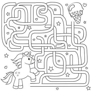 Fototapeta Help unicorn find path to ice cream. Labyrinth. Maze game for kids. Black and white vector illustration for coloring book 