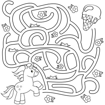 Fototapeta Help unicorn find path to ice cream. Labyrinth. Maze game for kids. Black and white vector illustration for coloring book 