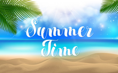 Fototapeta na wymiar Summer Time Lettering. Beach with Coconut Leaves Exotic Palm on Top and Bokeh Effect Background. Sand Sea Ocean. Vector illustration