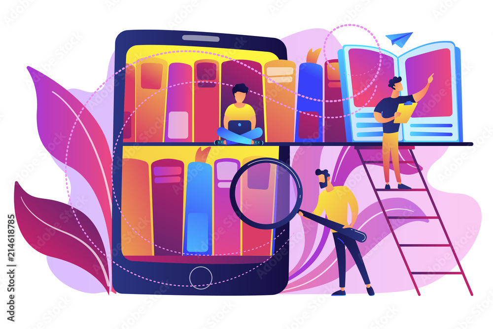 Canvas Prints tablet with bookshelves and students searching and reading information