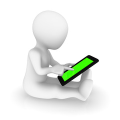 3d white man with tablet pc in hands.