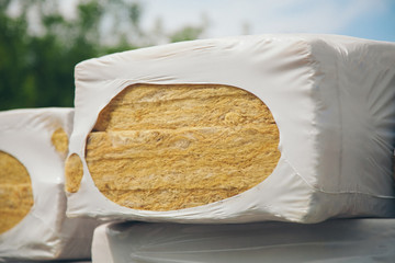 The texture of mineral wool for insulating the walls. warehouse of products ready for import