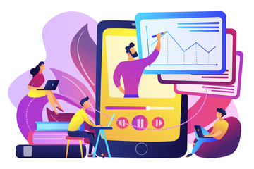 Students watching recorded lecture with professor talking from tablet. Podcast courses, audio and video recording, class recording access concept, violet palette. Vector isolated illustration.