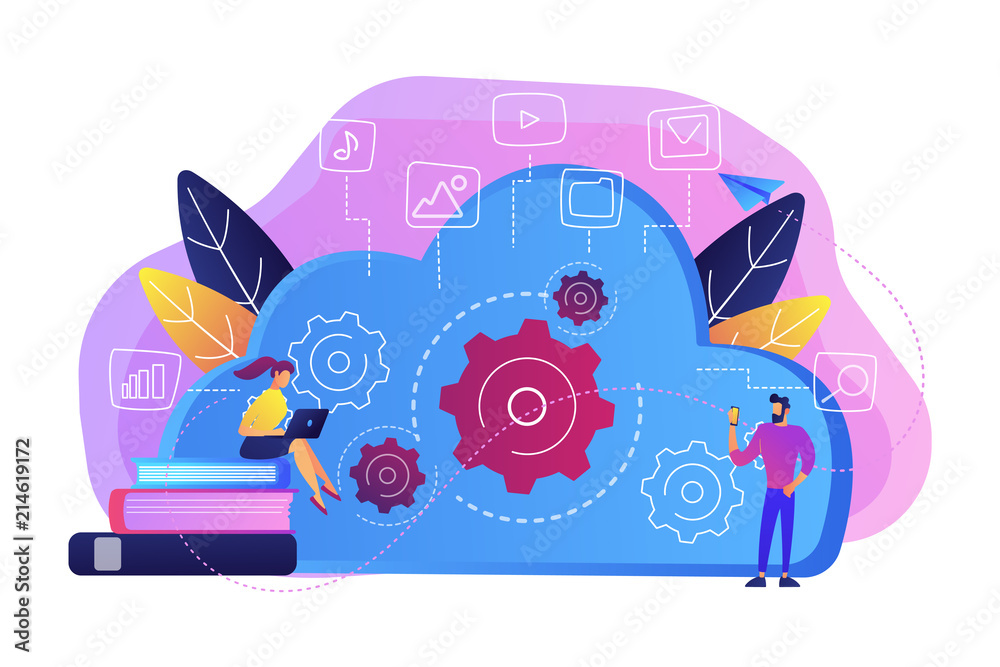 Poster developers using laptop and smartphone working with cloud data