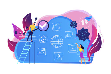 Two users searchig for big data in the cloud. Computing storage technology, large database, data analysis, digital information concept, violet palette. Vector isolated illustration.