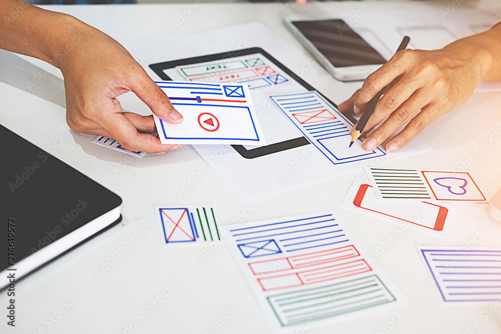 Wall mural creative web designer planning application and developing template layout, framework for mobile phon
