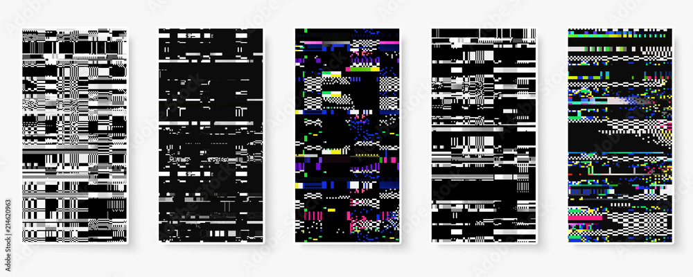 Poster glitch backgrounds set. mobile device screen error. digital pixel noise abstract design. device sign