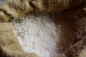 Sea salt in a bag. Close-up photo