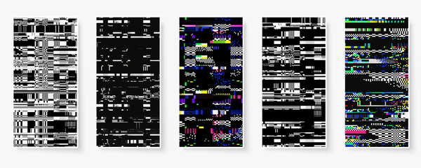 Glitch backgrounds set. Mobile device screen error. Digital pixel noise abstract design. Device signal fail. Gadget data decay. Glitch tv wallpaper. Monitor technical problem. - obrazy, fototapety, plakaty