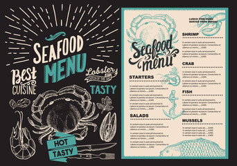 Seafood menu for restaurant. Food flyer for bar and cafe. Design template with retro hand-drawn illustrations. - obrazy, fototapety, plakaty