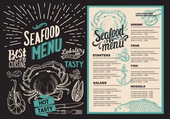 Fotobehang Seafood menu for restaurant. Food flyer for bar and cafe. Design template with retro hand-drawn illustrations. © marchiez