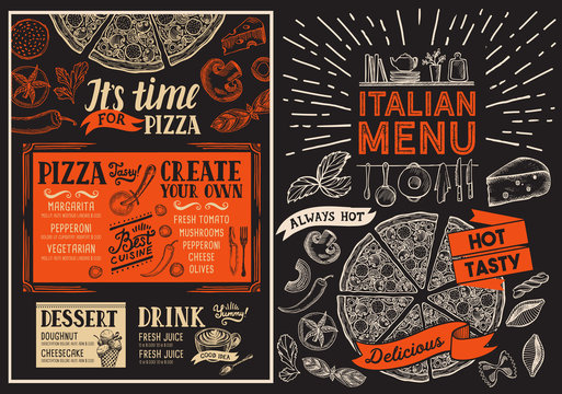 Pizza restaurant menu. Food flyer for italian bar and cafe. Design template with vintage hand-drawn illustrations.