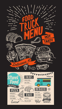Food truck menu for street fest. Design template with mexican hand-drawn graphic illustrations.