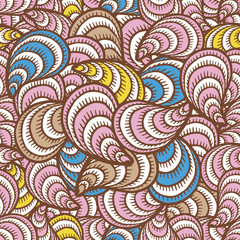 Seamless pattern with hand drawn seashells, mussels. Marine theme.