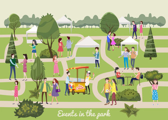 Modern flyer or poster template, Different various people characters, men and women in the park, outdoor festival with food trucks, walking people, buying and selling goods at park. on vacation