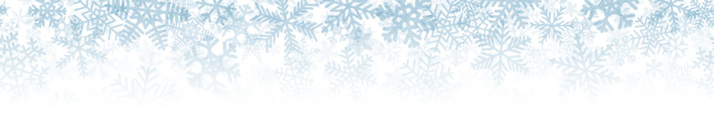 Naklejka na ściany i meble Christmas horizontal seamless banner or background of many layers of snowflakes of different shapes, sizes and transparency. Gradient from light blue to white