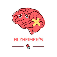 Alzheimer's disease poster. Cute unhealthy sad brain symbol in cartoon style. Side view. Body anatomy sign. Chronic neurodegenerative disease. Medical internal organ vector illustration.