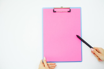 Blank Folder with Pink Paper. Hand that Holding Folder and Handle on White Background. Copyspace. Place for Text