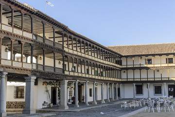 medieval balcony on the main square in Tembleque, Toledo, Spain