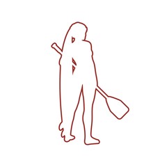 Woman posing with surfboard and paddle. Vintage surfing outline emblem. Stand up paddle boarding