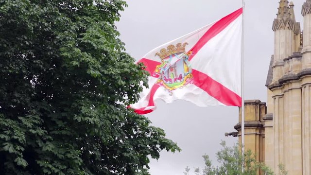 Flag of Vitoria Gasteiz, capital city of Basque Country, Spain. Fluttering on the wind on a cloudy day.