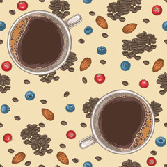 Seamless Pattern with Coffee, Almond and Berries